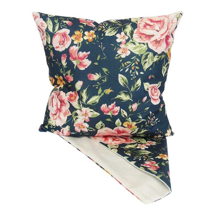 Pink roses on blue cushion cover