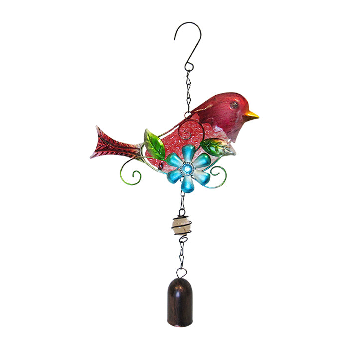 Garden glass bird bell hanger red