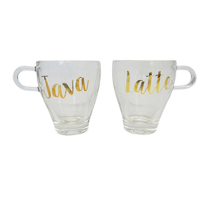 Glass coffee mugs x 2 Java and Latte